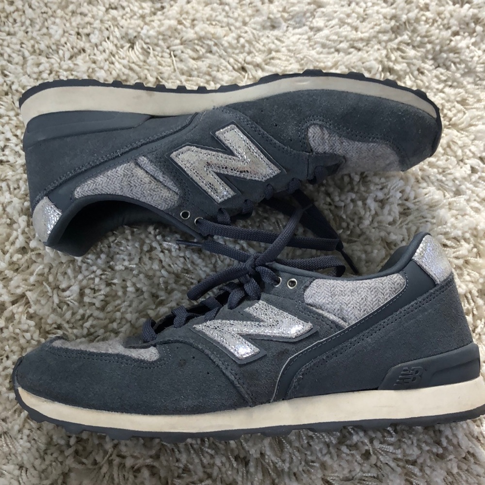 Blue-ish grey, grey, and silver sneakers